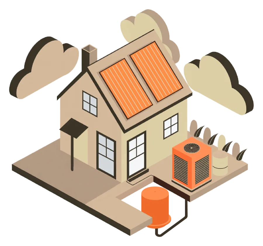 Isometrisches Wohnhaus mit zwei orange hervorgehobenen Solarkollektorfeldern auf dem Dach, Wärmepumpe daneben und Speicher im Erdreich.