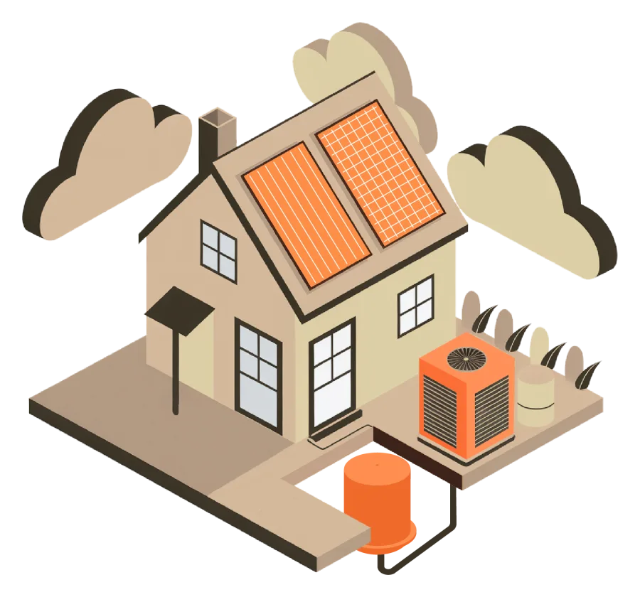 Isometrisches Wohnhaus mit Solarkollektoren und Photovoltaik auf dem Dach, orange hervorgehobener Wärmepumpe und dem Eisspeicher im Erdreich.